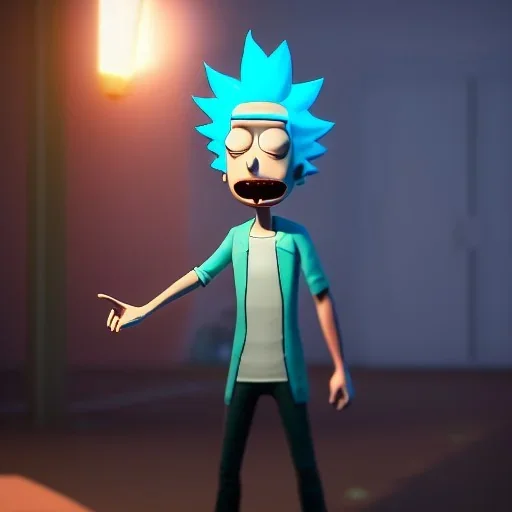 create a photorealistic image of Rick Sanchez from Rick and Morty, dynamic pose, dynamic lighting, cinimatic lighting. Half body, 50mm f2.7, Highly detailed, unreal engine 5, ultra realistic, HDR, 8k