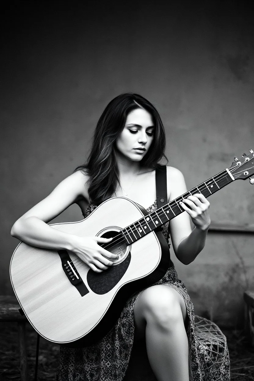 beautiful woman playing acoustic guitar in mid west blck and white old photto