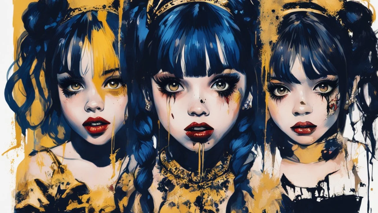 Poster in two gradually, a one side malevolent goth vampire girl face and other side the Singer Melanie Martinez face, painting by Yoji Shinkawa, darkblue and gold tones,