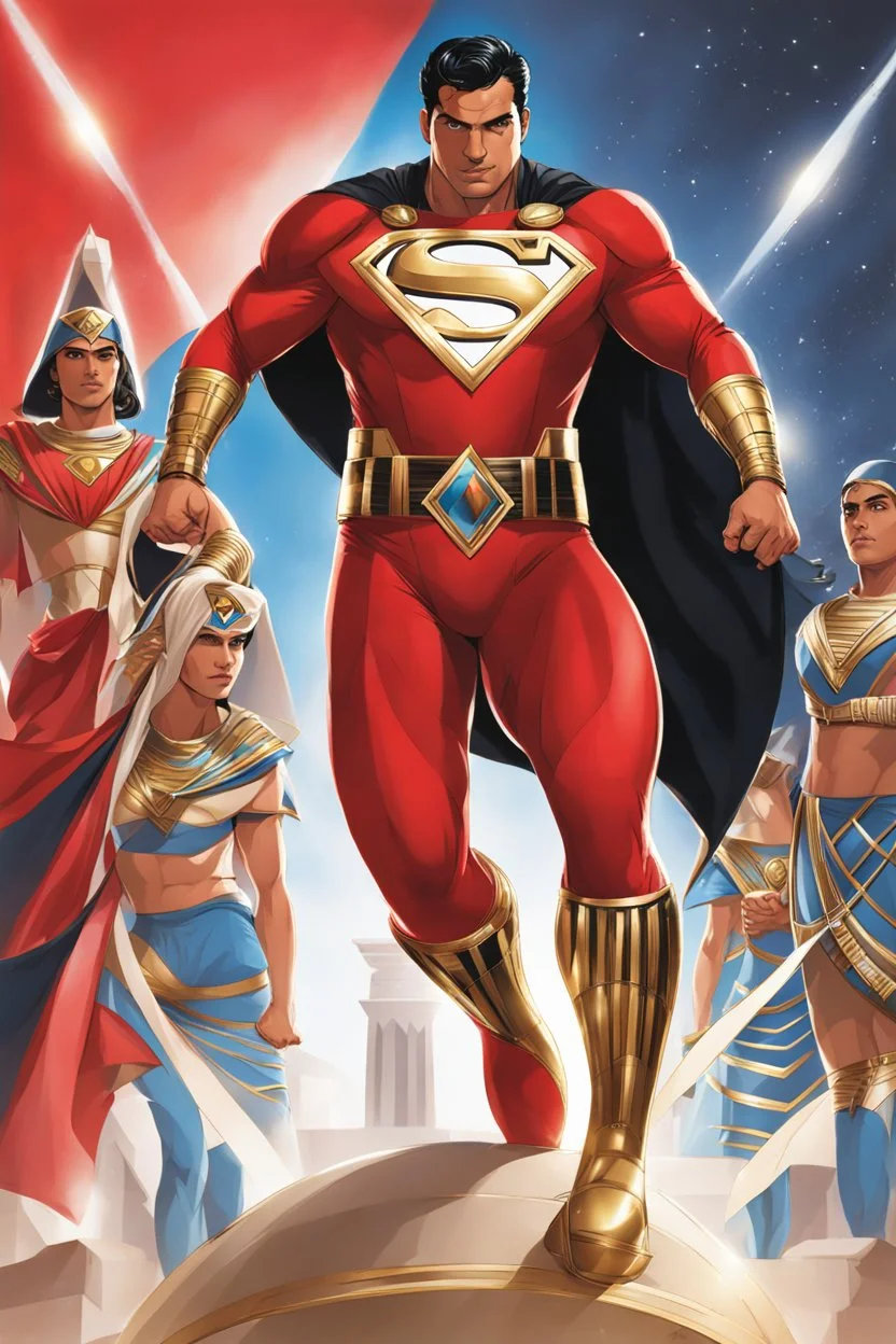 Mohamed Ramadan . Super hero . An Egyptian wears an Egyptian Superman in an advanced suit. In red colour. And white. And black. . And his pharaoh's armor is advanced