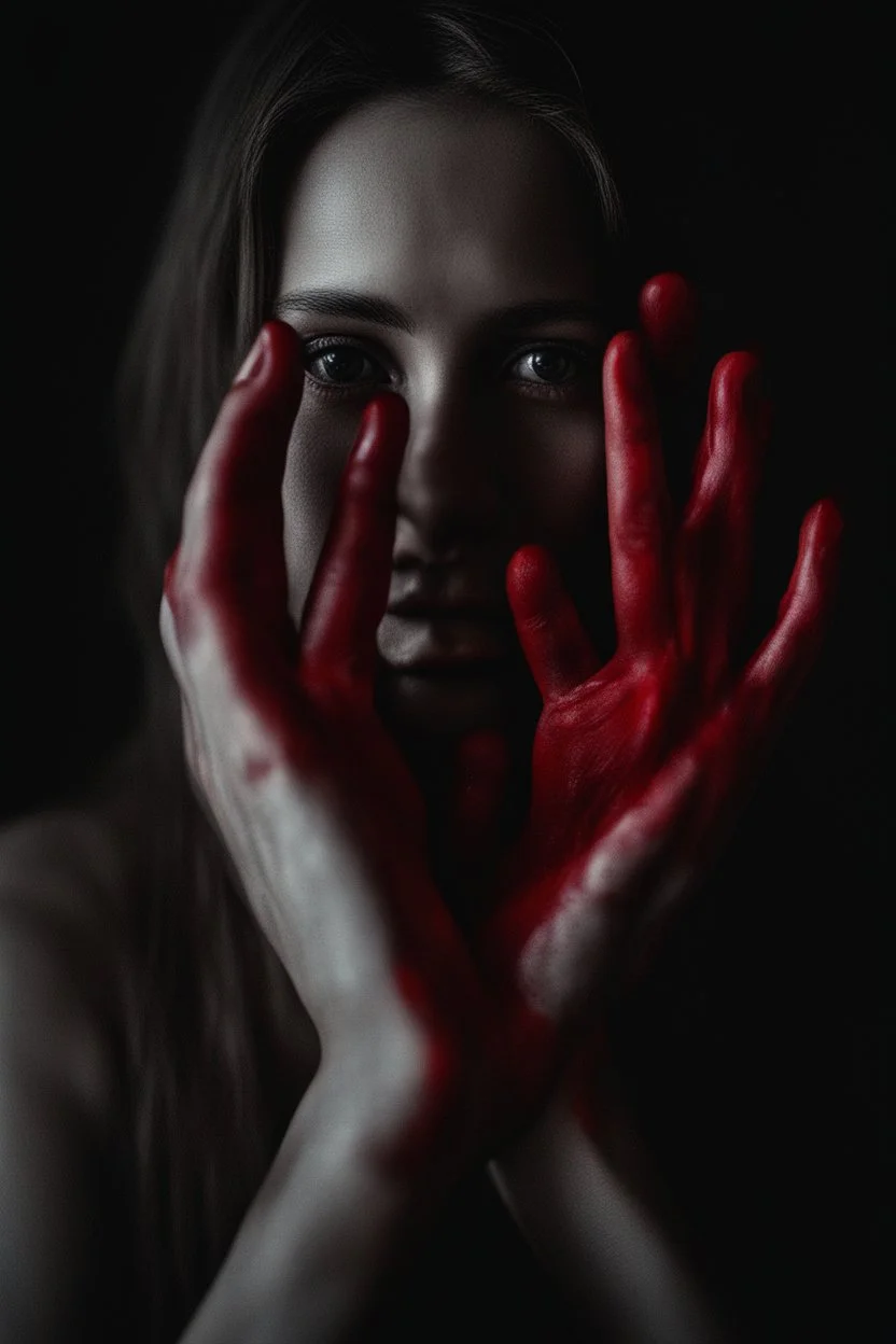 A photograph of a red hand with black eyes, covering part or all of her face and body while she smiles in an eerie way. The background is dark and the woman's expression adds to its mysterious allure. Her presence creates an atmosphere filled with unease and curiosity. --ar 29:44 --v 6. 0