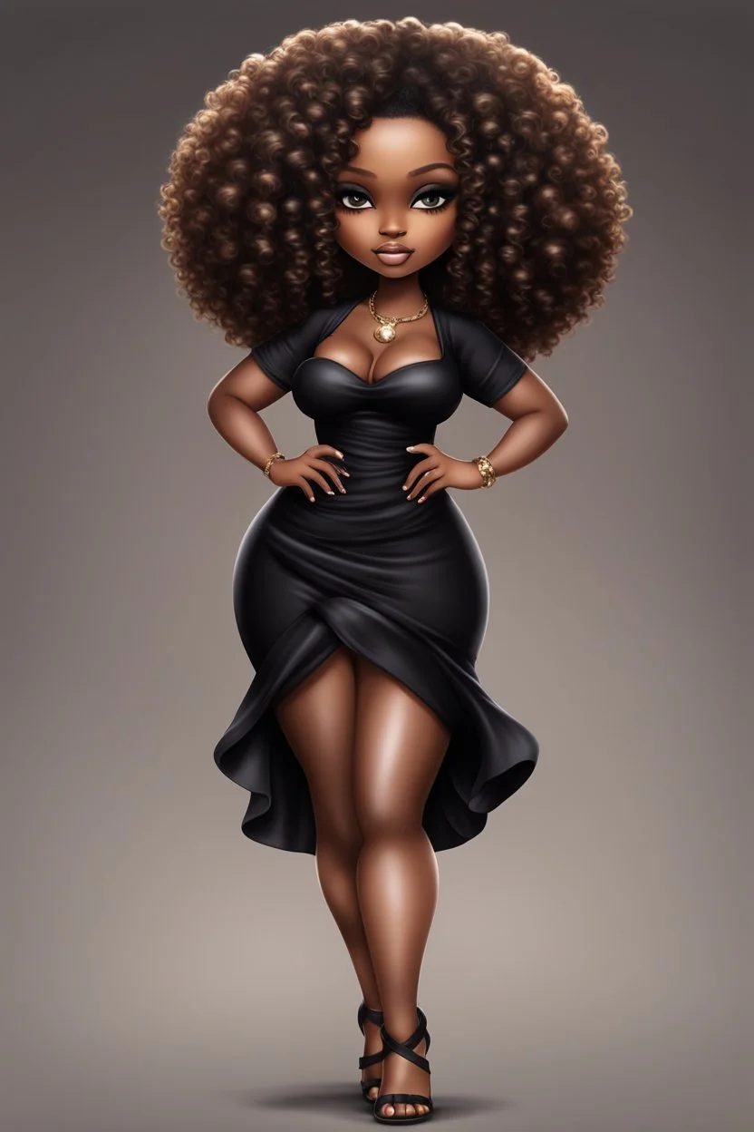 create a digital airbrush image of a chibi curvy black female wearing a black maxi dress and black sandals. Prominent make up with brown eyes. Highly detailed wild tight curly afro.