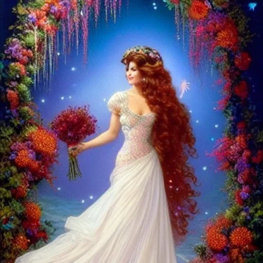 Perfect and beautiful face of teen robyn lively, holographic gown, holding a bouquet of floral coral, bubbles, upward flowing long hair, gloves hidden under the bouquet, underwater with seashells and fish, seahorses, coral, fantasy, regal, intricate, by stanley artgerm lau, greg rutkowski, thomas kinkade, alphonse mucha, loish, norman rockwell