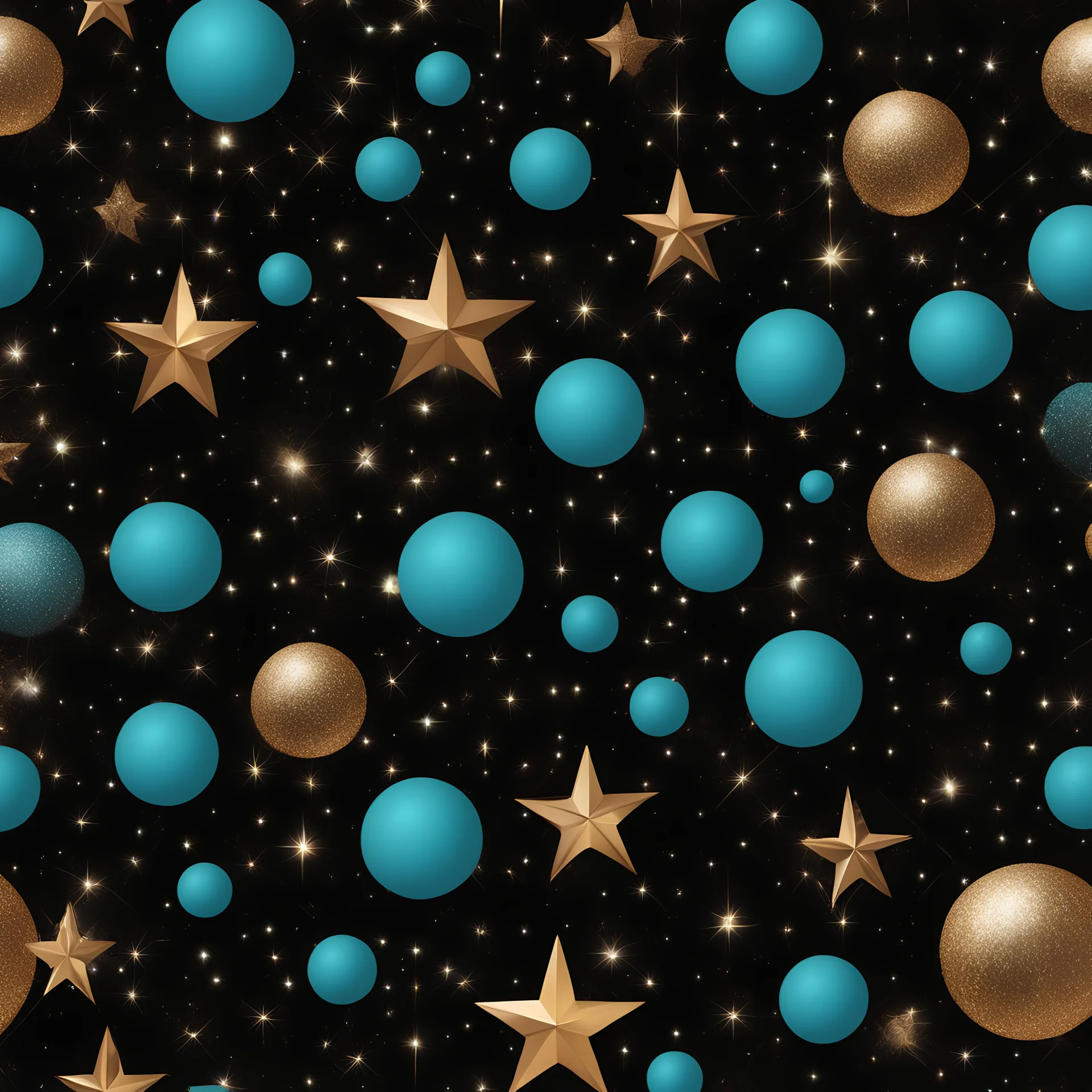 Fata fantastica mondo virtuale cosmico BACKGROUND doré, étoiles brillantes, sphères turquoises,