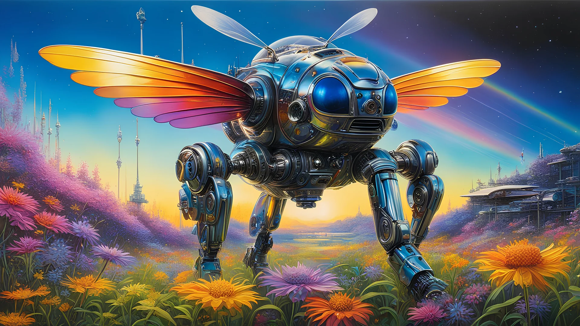 hyperdetailed airbrush by paul lehr, hajime sorayama closeup robot metal bee with rainbow metallic wings, alighting on a metal flower in futuristic meadow inside a space station with metal sky