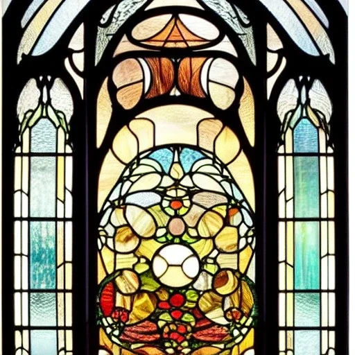 circular wrought iron frame window with stained glass effect, highly detailed, intricate, warm colors, alphonse mucha