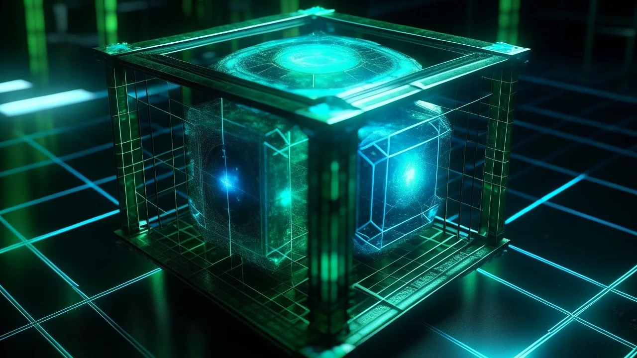 Cube tesseract from movie Loki. Tesseract size must be third part of image size. Located strictly in the middle of picture with space around it and with navy blue/green glow inside tesseract. Without surface/table on which it stay.