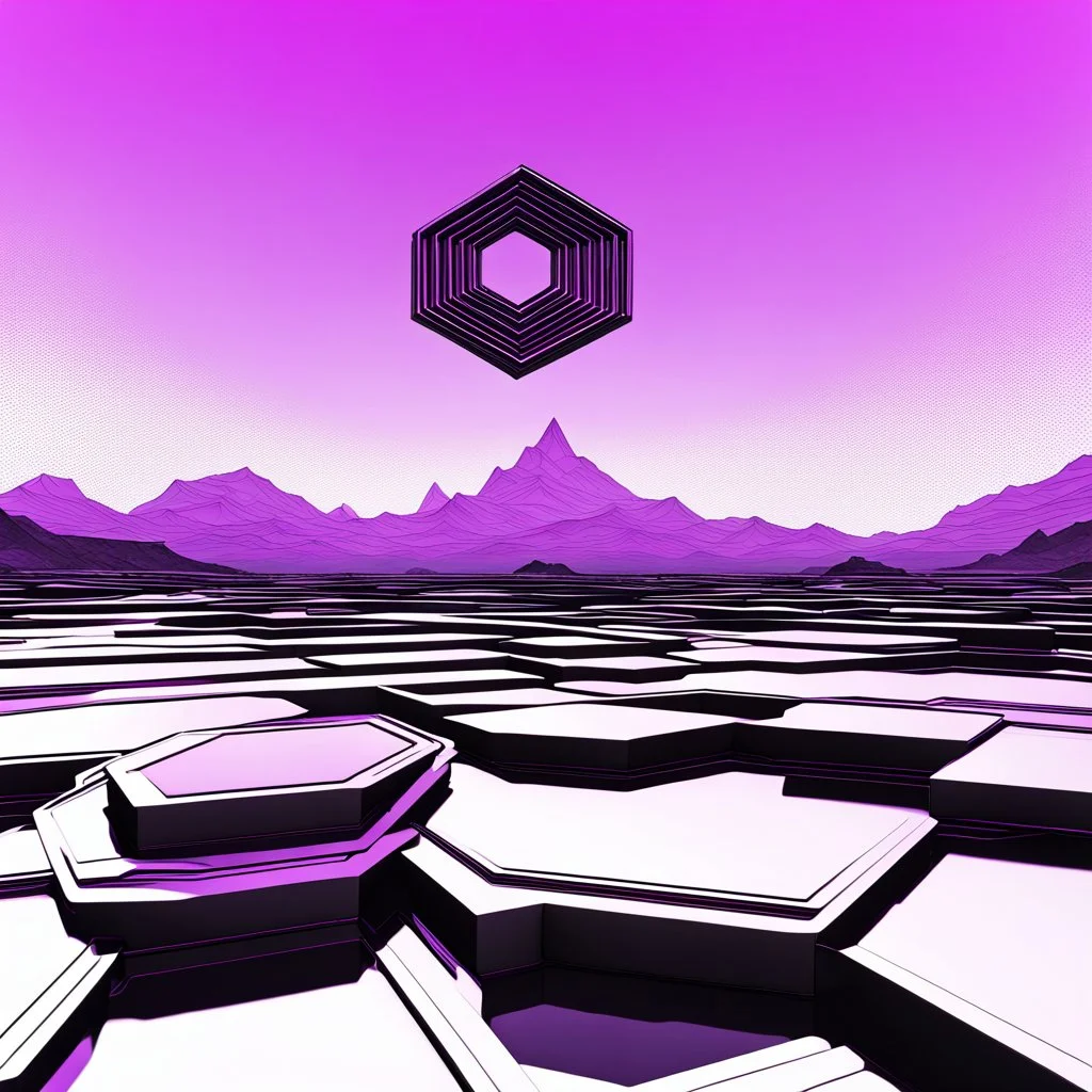 a large dark black 3D hexagon structure with a neon purple outline floating high above a desolate monochrome landscape