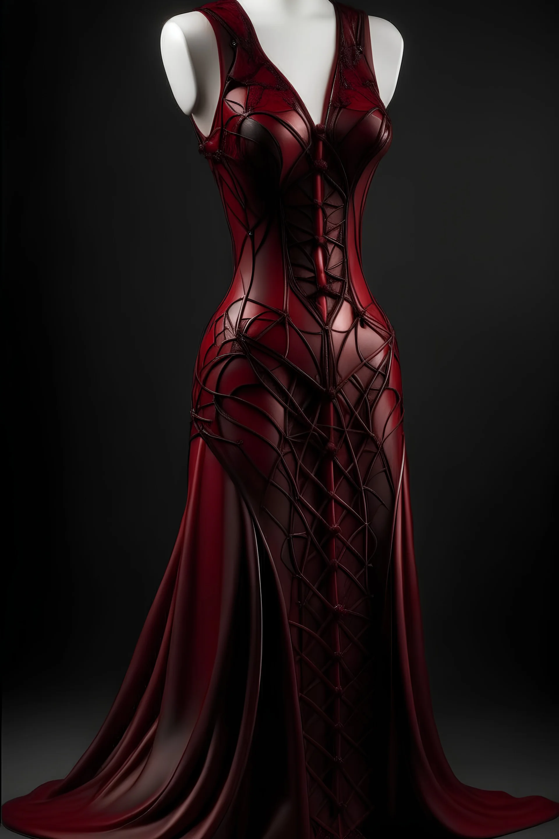 Dark red leather long dress, 3D printing, tight corset, sleeveless, inspired by fractals in nature