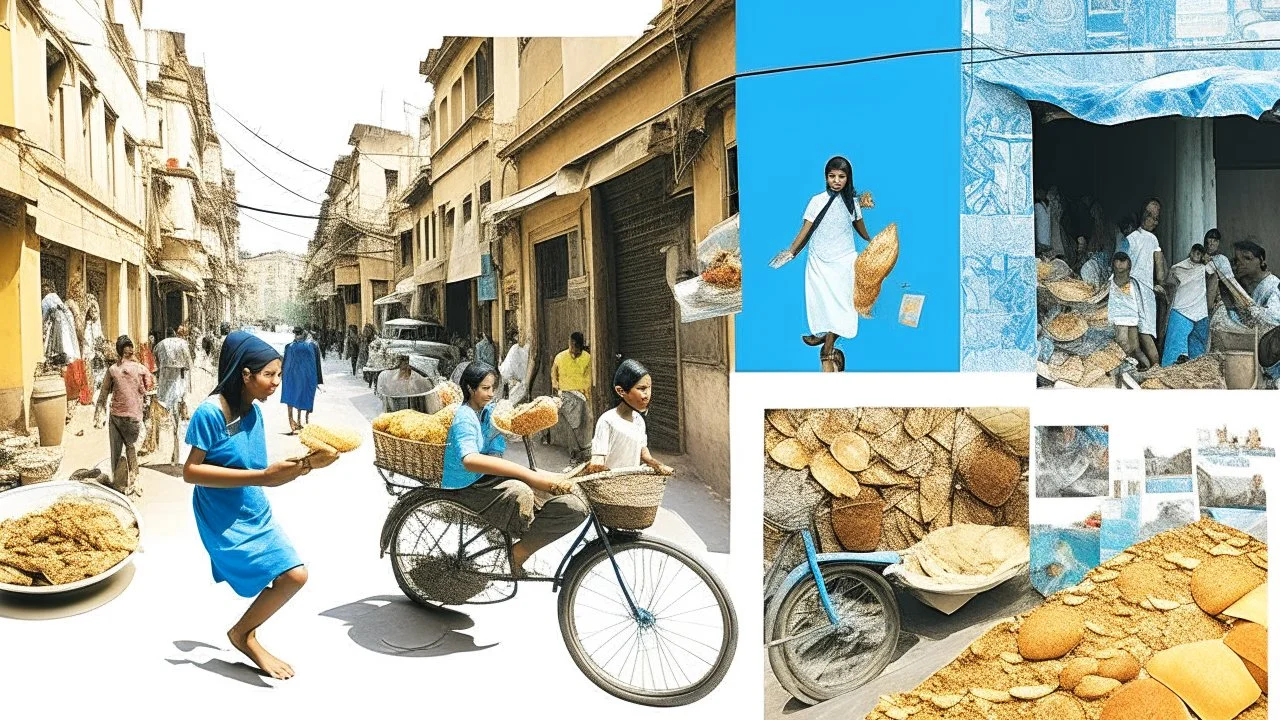 Collage digital con capas de fotografía, papel rasgado y pintura, una calle comercial en El Cairo, un vendedor de pan pita lo lanza al aire mientras un cliente lo atrapa, un burro cargado de bidones de agua espera paciente, dos niños montan en una moto vieja sin casco, una mujer con un velo azul compra especias, un gato se cuela entre las piernas de todos, detrás una fachada de ladrillo visto con carteles de películas egipcias de los 70, texturas añejas y colores cálidos, estilo de arqueología v