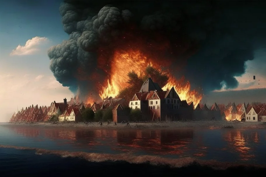 Dutch island city with walls blown up on fire in the distance