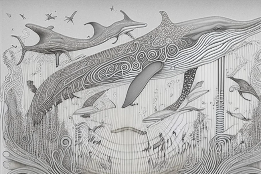 line drawing, of a beautiful surrealistic image of both animals together, create an orca and a flying elephant ;made exclusively of music symbols, background is horizontal parallel lines like staffs and piano keys at bottom, symbols are discernible, overall exquisitely detailed, elegant, extremely intricate, high definition, dope, innovative, line art, contemporary art, fractal pencil drawing,