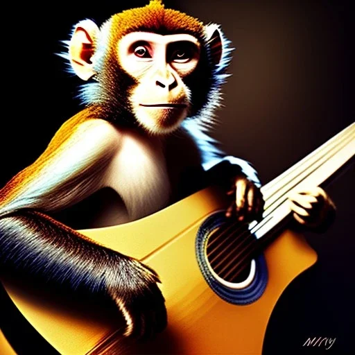 Audobon painting of a monkey playing a guitar, 6 strings, fingers