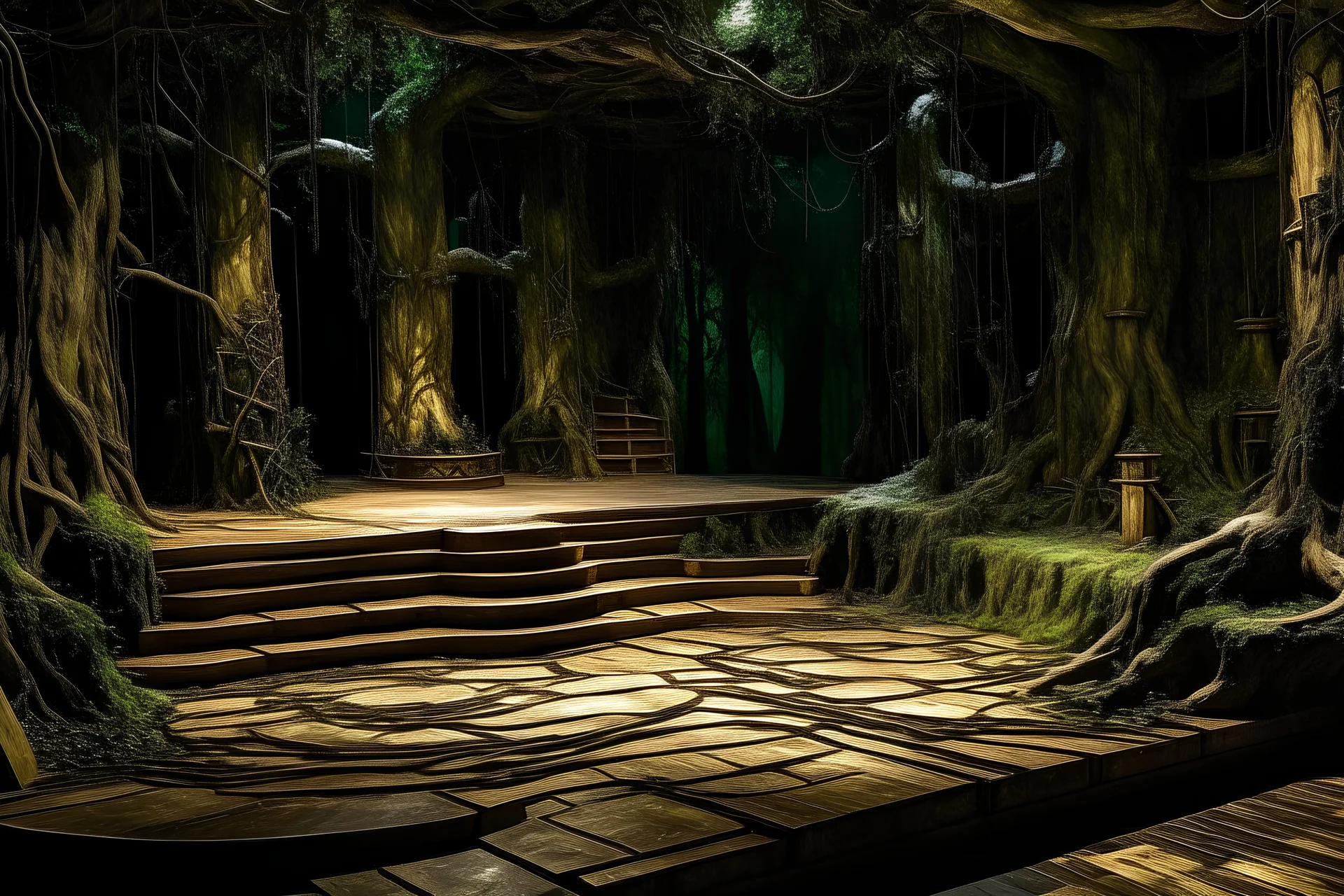 an immersive set design for the stage musical into the woods. 7 metres by 7 meters. tree bark chips on the stage floor, a swing down stage left and foliage everywhere. a backdrop of a forest to be at the back. needs to be a platform at two levels upstage - higher on the sides going down lower in the middle. upstage centre needs to be a tree covered tower with an opening in the middle.