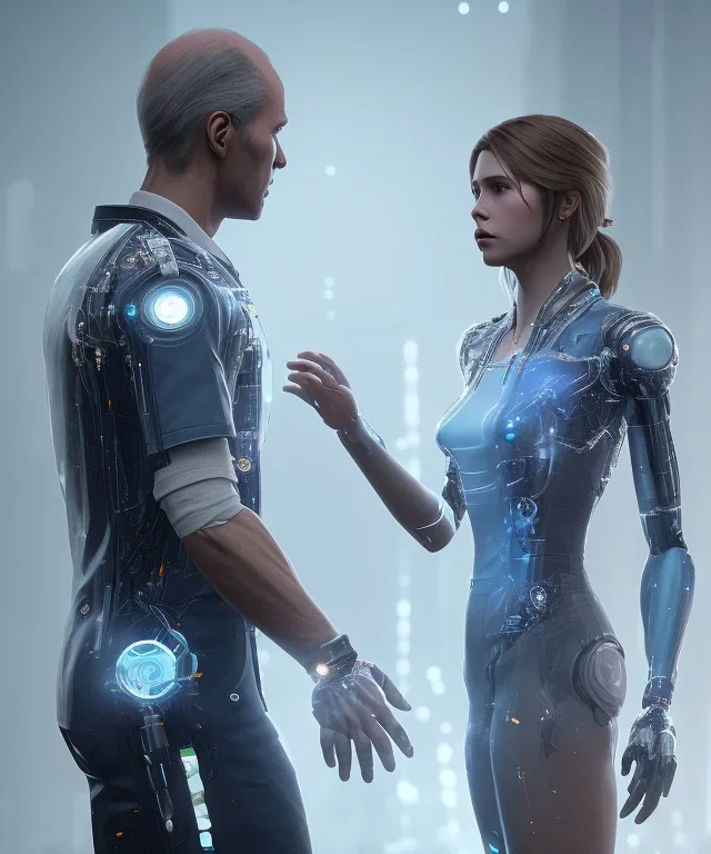 detroit become human, man, women looking at each other, real Handshake with both hands, sci-fi fantasy style, volumetric lighting, particales,highly detailed,cinamatic, deep colours,8k.