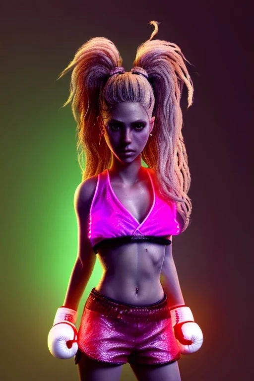 portrait, Shakira, blonde artist, angry, Realistic image, boxing robe dress. loose long hair, eyes make up, perfect, glow, circle iris. Neon colors, leds, geometric shapes. Dark background, photo studio, neon lights. Mad max, concept art, smooth, unreal engine 5, god lights, ray tracing, RTX, lumen lighting, ultra detail, volumetric lighting, 3d, finely drawn, high definition, 4k.