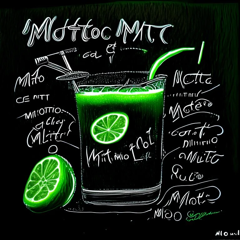 Drawing on a black chalkboard of a mojito cocktail with lime and mint.