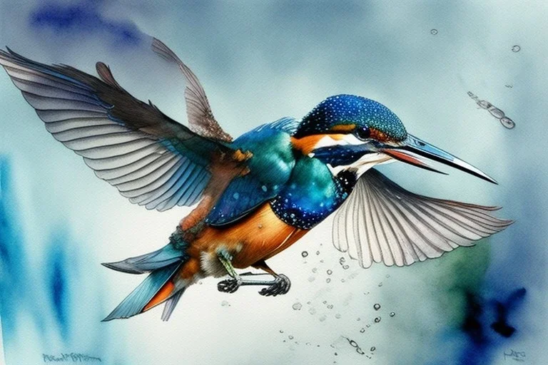 A beautiful kingfisher diving into water. Highly detailed, smooth colours, realistic landscape. Aquarell