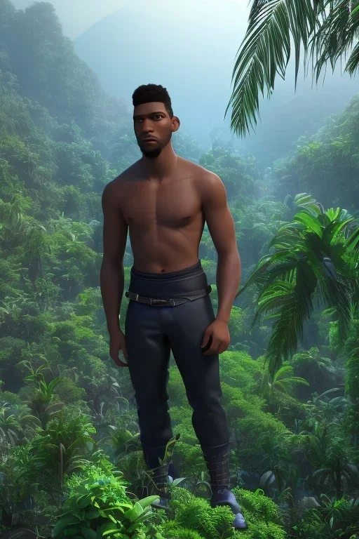 3D render of a cyberpunk tribal young black man, black hair and goatee, on a dark blue jungle background, digital art