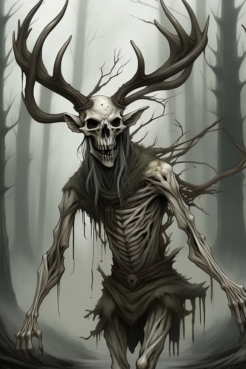 wendigo with a deer skull covering head and face and emaciated full body image