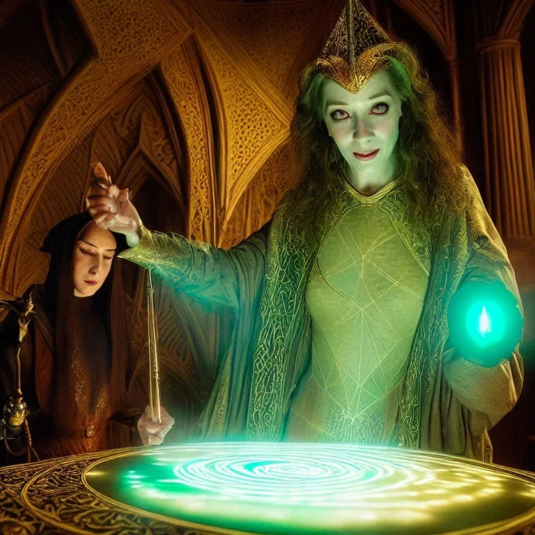 Cleric casting a magic spell, projecting hologram, 8k resolution, high-quality, fine-detail, iridescent, intricate, detailed matte, beautiful face, regal face, volumetric lighting, illustration, brian froud, howard lyon, selina french, anna dittmann, annie stokes, lisa parker, greg rutowski, frank miller, tim burton