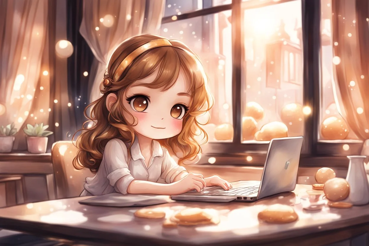 cute chibi light brown haired girl sitting in a dessert shop, working on a laptop, satin curtains, blur 5% in the sunshine, watercolor and black ink outlines, sparkling golden glitter, ethereal, cinematic postprocessing, bokeh, dof