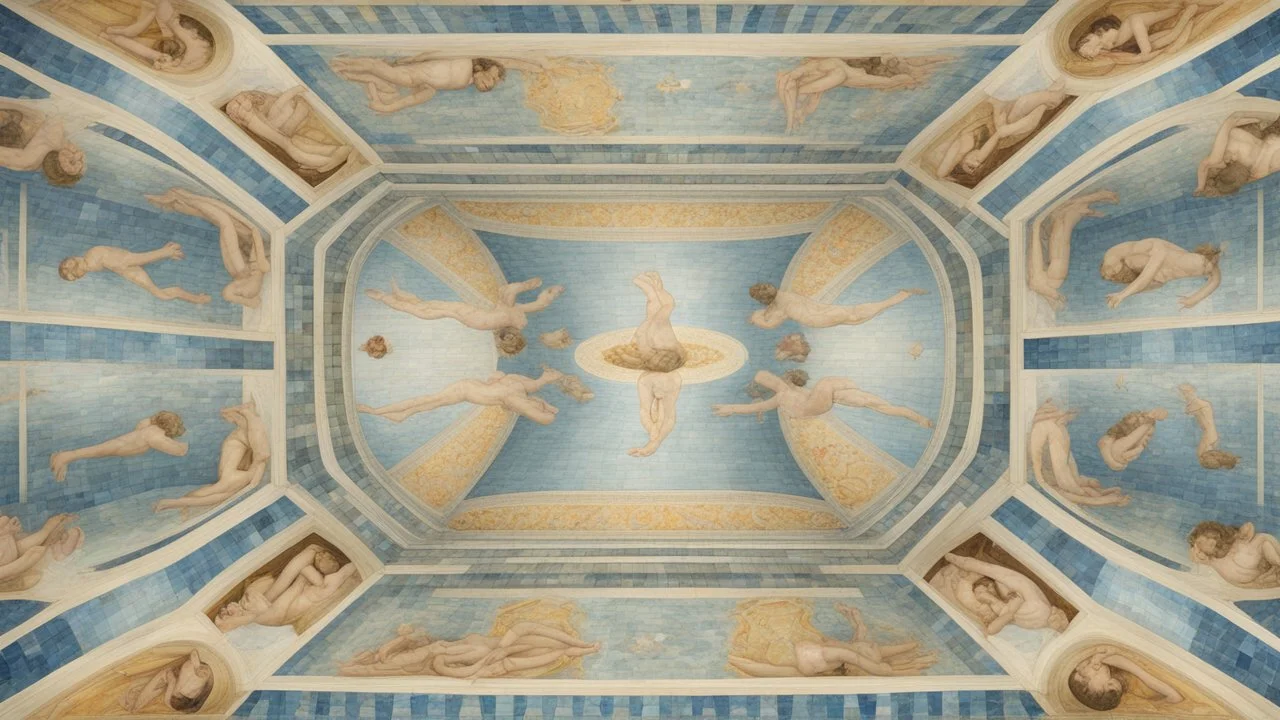 Superb symmetrical pictorial multicoloured mosaic floor, swimming pool, bathers, swimmers, water feature, walls with pictures of bathers and swimmers, symmetrical cathedral style high ceiling, relaxation, romance, luxury, dream world, calm beauty, perfect symmetry, fantasy world, magic, beautiful symmetrical composition, exquisite detail, 85mm lens, adjust perspective, chiaroscuro, night, darkness, dramatic lighting