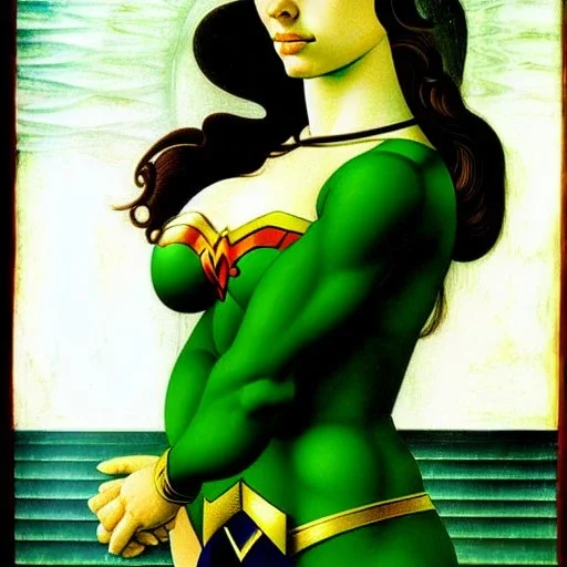 portrait of a beautiful busty wonder woman with green eyes by Sandro Botticelli style