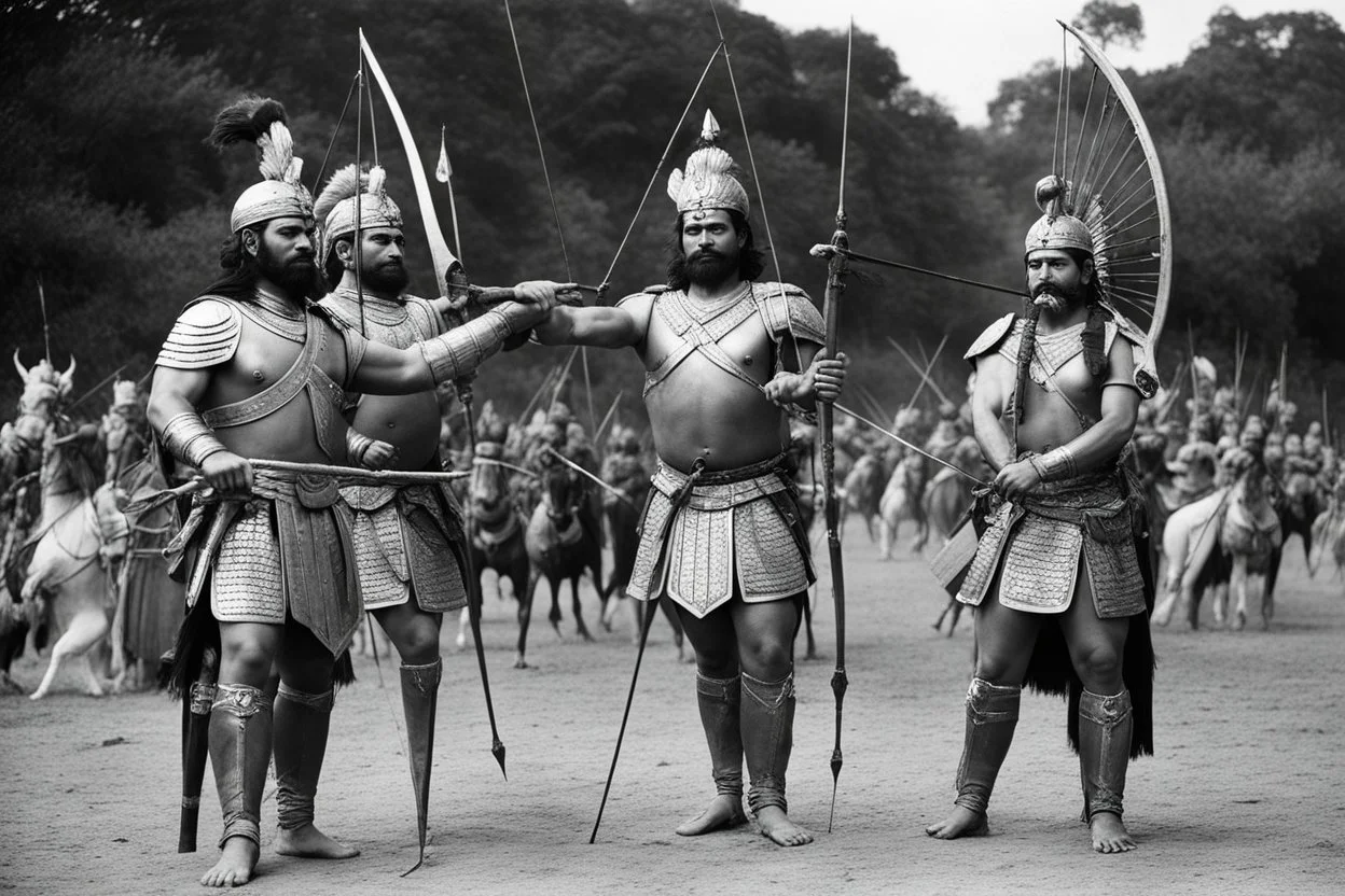 [very impressive high res masterpiece in Kodak Eastman 5247, scene by László Krasznahorkai] As Arjuna and Duryodhana stand shoulder to shoulder, facing the same wooden target in the archery contest, their skills as archers are undeniable. Both warriors possess remarkable talent and prowess with the bow, each capable of hitting their mark with precision and power. Arjuna's form is impeccable, his arrows flying true and striking the target with effortless grace. His mastery of archery shines brigh