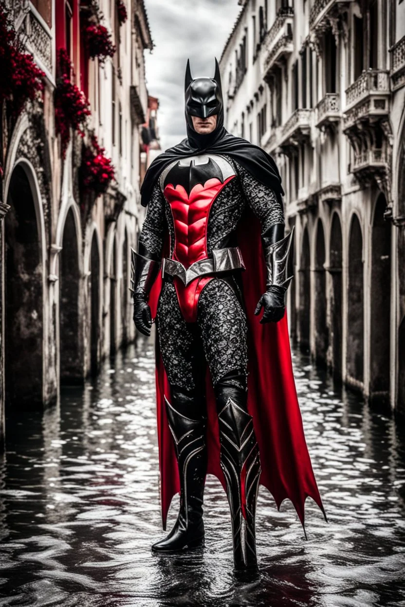 Carnaval de Venecia hermosa imágen de hombre con disfraz de Batman estilo carnaval de venecia full body color negro rojo y blanco vestido intrincado hiper detallado calidad ultra increíble obra de arte