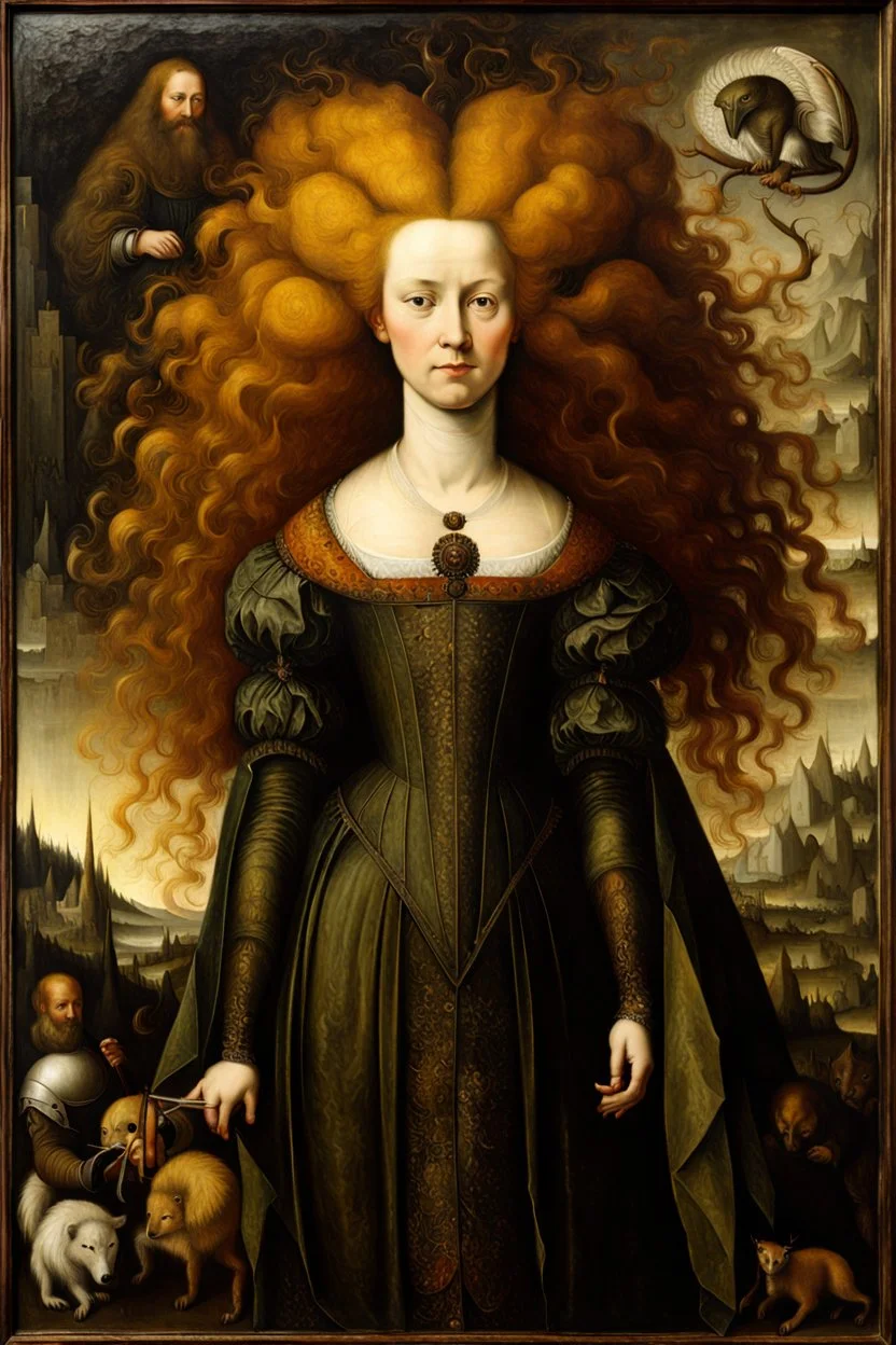 a Flemish Renaissance era full body oil painting of a dark, otherworldly, demonic temptress , highly detailed hair and facial features, in the style of Pieter Brueghel, Jan van Eyck, and Hieronymus Bosch, aged canvas, antique craquelure finish, archaic museum quality masterpiece, 4k