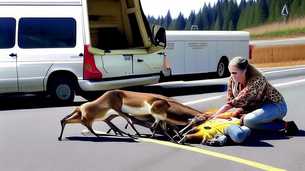 lady giving CPR to injured deer on highway I90 in front of a LARGE BUDGET MOVING VAN