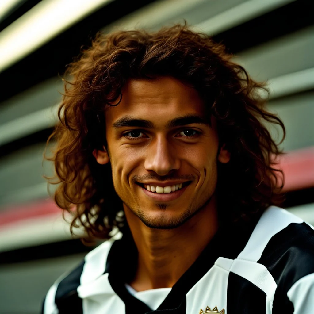 85mm DSLR color photography of a very detailed headshot fitting all of head and hair in frame. 23-year-old Brazilian soccer player, with and with no facial hair and has a with a small smile, grey background has a soft look on his face has smooth long hair has rose-tan skin tone