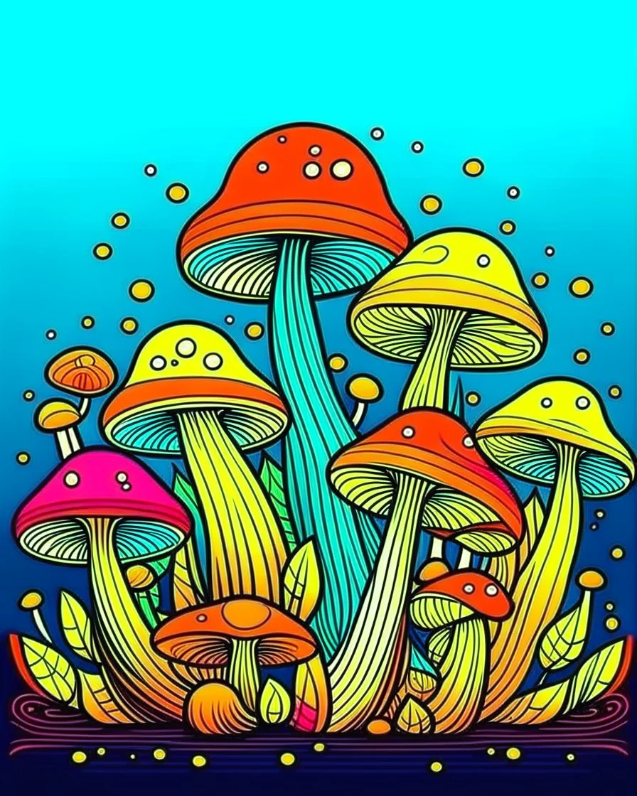 Mushrooms colorful page cartoon, simple bold precise lines, color background