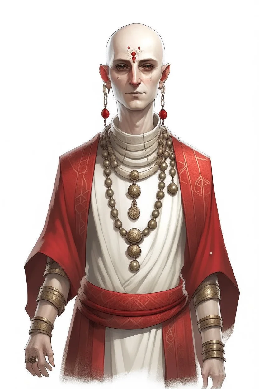 full length 22-year old, grey eyed, bald female human cleric with a necklace of red beads