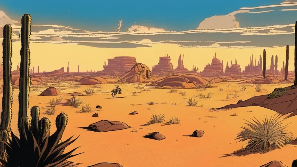 desert city far in the background comic style