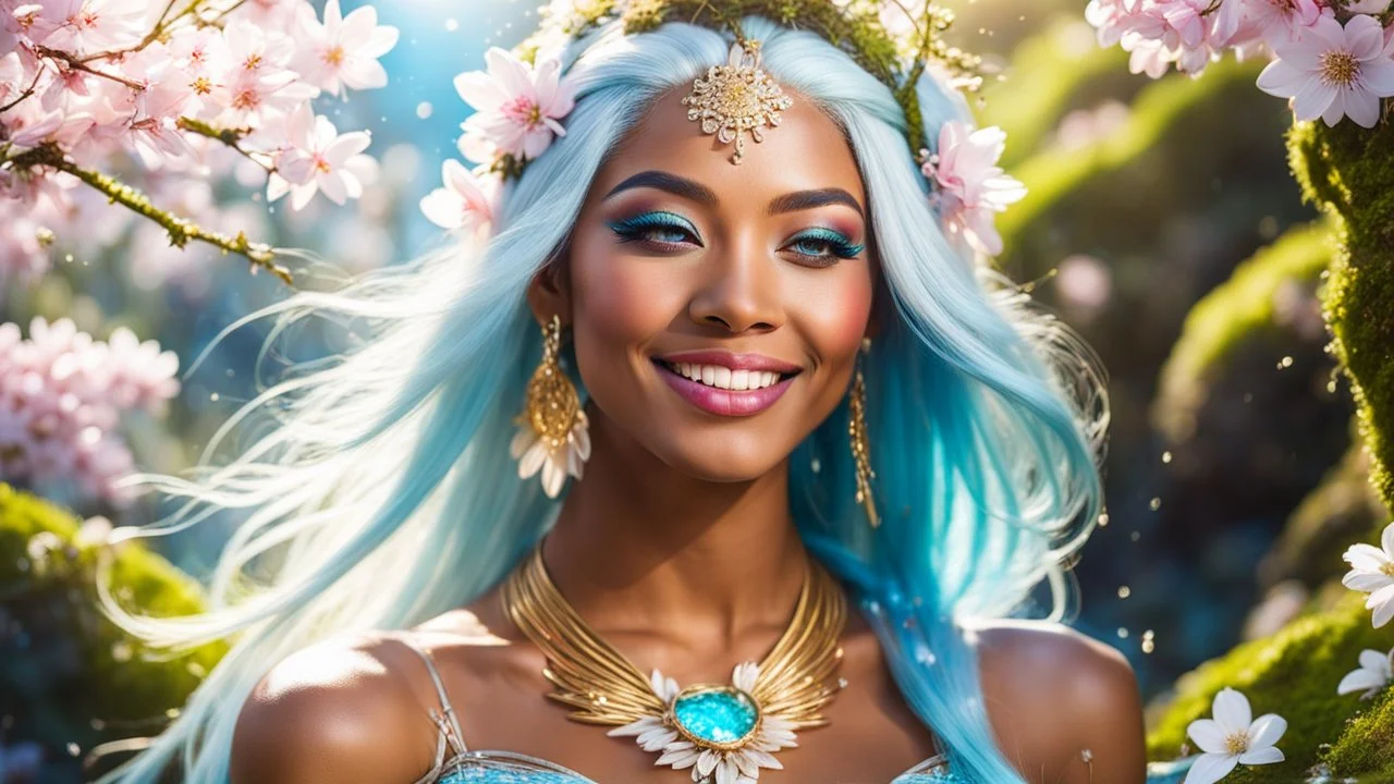 Portrait of a gorgeous smiling skinny polynesian goddess with a golden dark skin, long smooth clear turquoise blue white hair, blue eyes, in a sci-fi outfit with luminous strikes sending a kiss in a hill of flowers with sakura trees, a small torrent, loads of mini flowers, moss, sun rays through the branches, particles in the air at spring