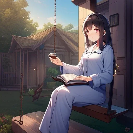 anime girl sitting on a porch swing of an old house, wearing pajamas, drinking a cup of coffee, writing in a book, its raining