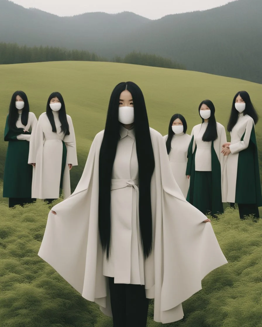 a group of no face women with mask standing on top of a lush green hillside, inspired by Ren Hang, design milk, long black hair, whites, wanderers traveling from afar, trending on artisation, cloning spell, coat pleats, in twin peaks, submarine, by Helen Thomas Dranga, symetry, round-cropped, noire photo