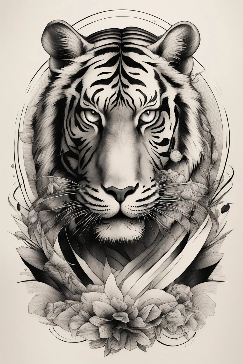 Create a captivating modern 2d ink tattoo design for print , prestigious Divine Tiger using the elegant influences of japan art style, for print, dynamic elements from fashion and design, and bold Japanese contemporary art aesthetics, framing centered in the center, distanced from the edges of the paper perimeter, perfect anatomy, bauhaus, Divine Proportion,