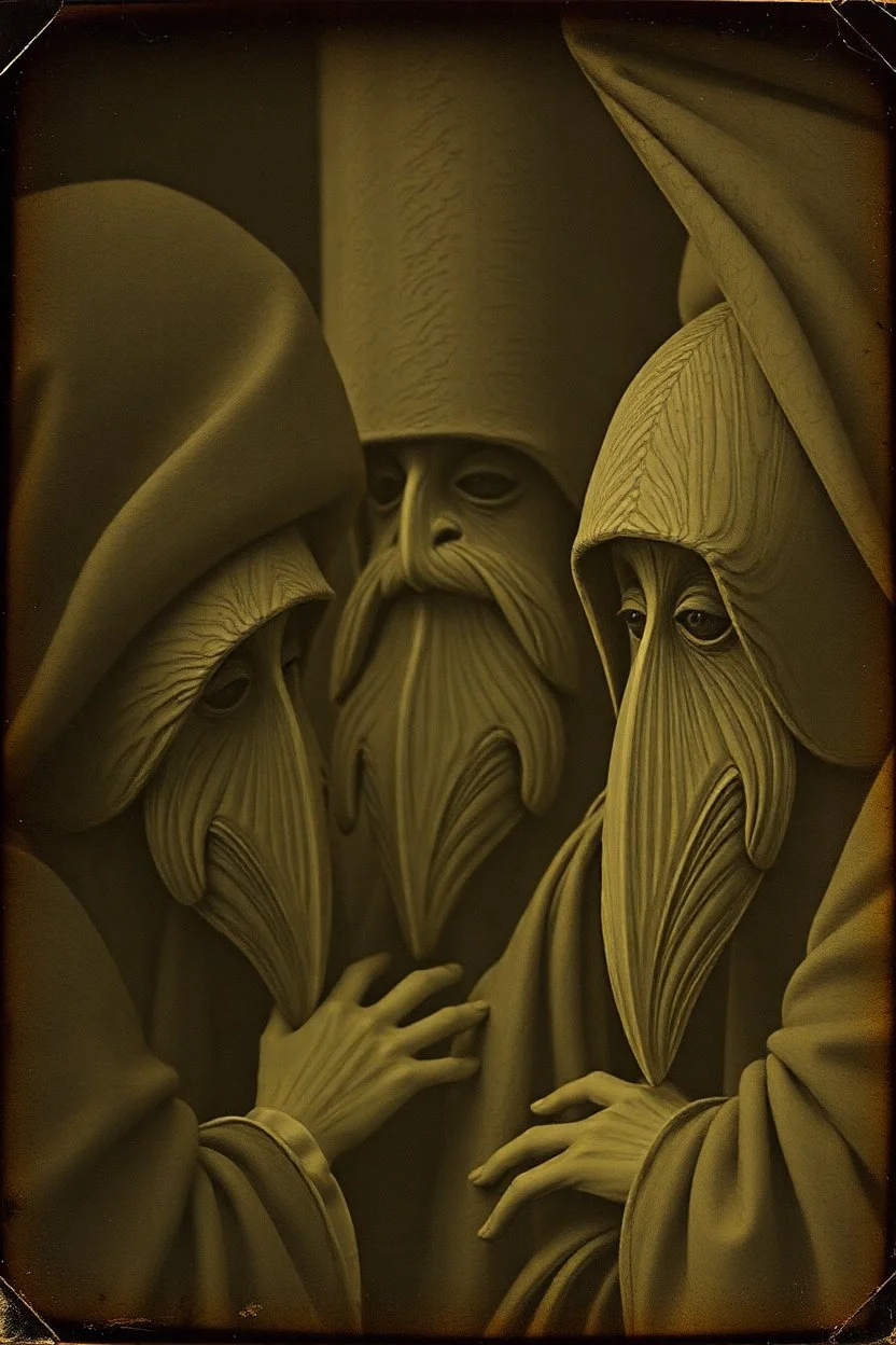 Daguerrotype close up some mysterious figures, odd background, Hieronymus Bosch, ambient light, by Minicavio Quollati and Marlost Endgulp, Amano, Botticelli, Alphonse Mucha