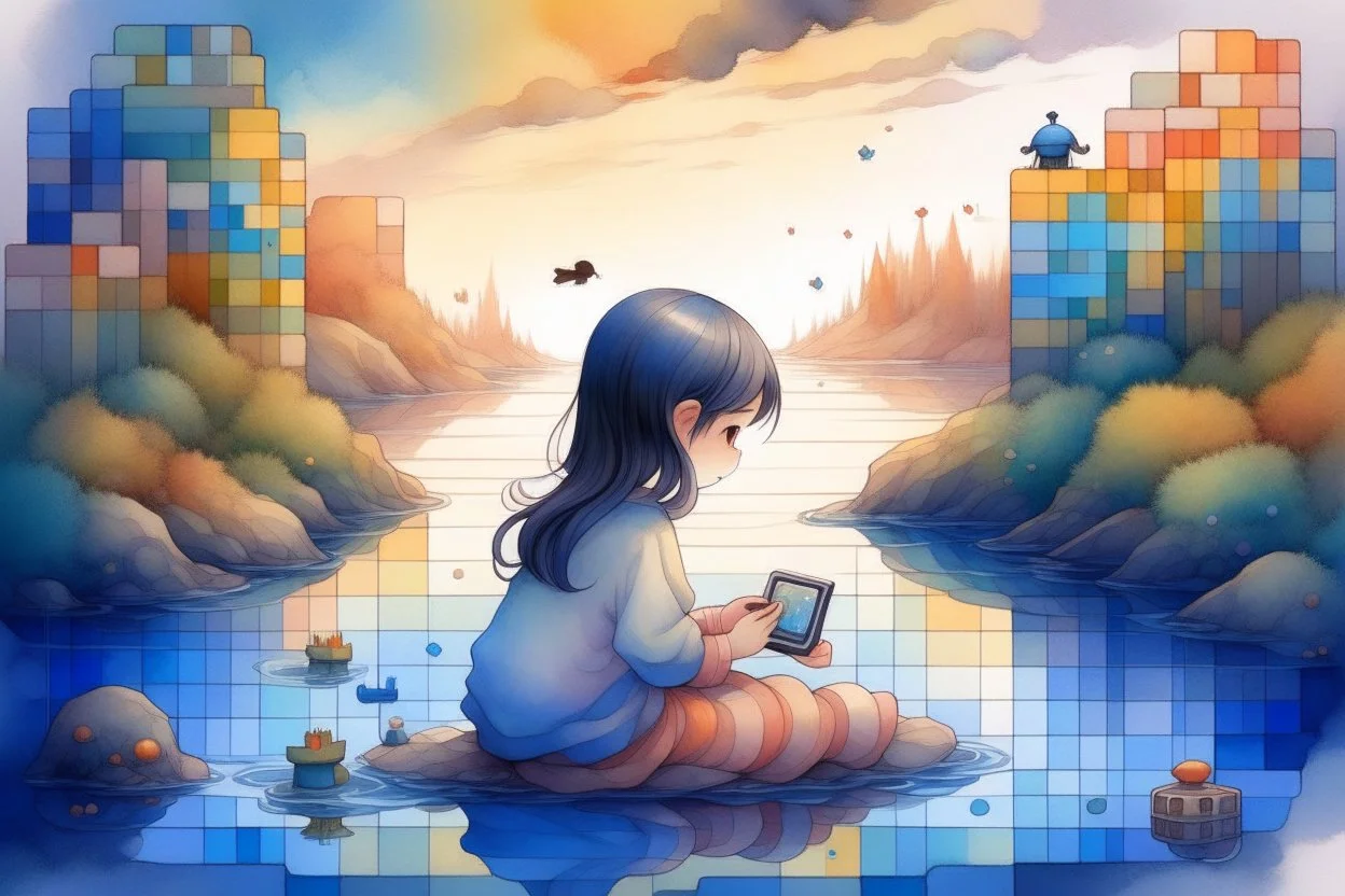 a cute chibi girl is sitting with her back to us, we see her playing tetris on a big screen, in van gogh style in on a misty morning. over a misty pond in the hieght of fall. Watercolour by Alison Brady. Pastel colours S<AI in sunshine, ethereal, otherwordly, cinematic postprocessing