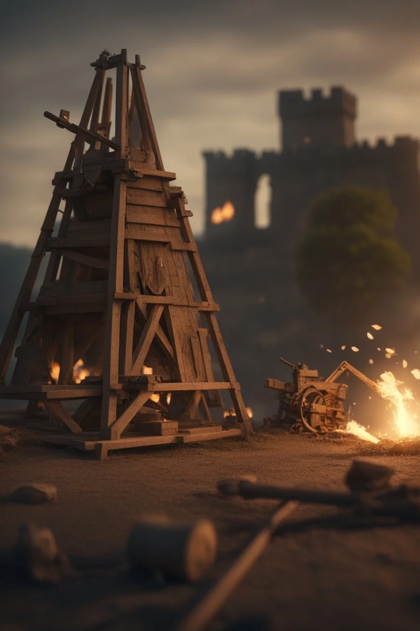 trebuchet fire at castle, bokeh like f/0.8, tilt-shift lens 8k, high detail, smooth render, down-light, unreal engine, prize winning