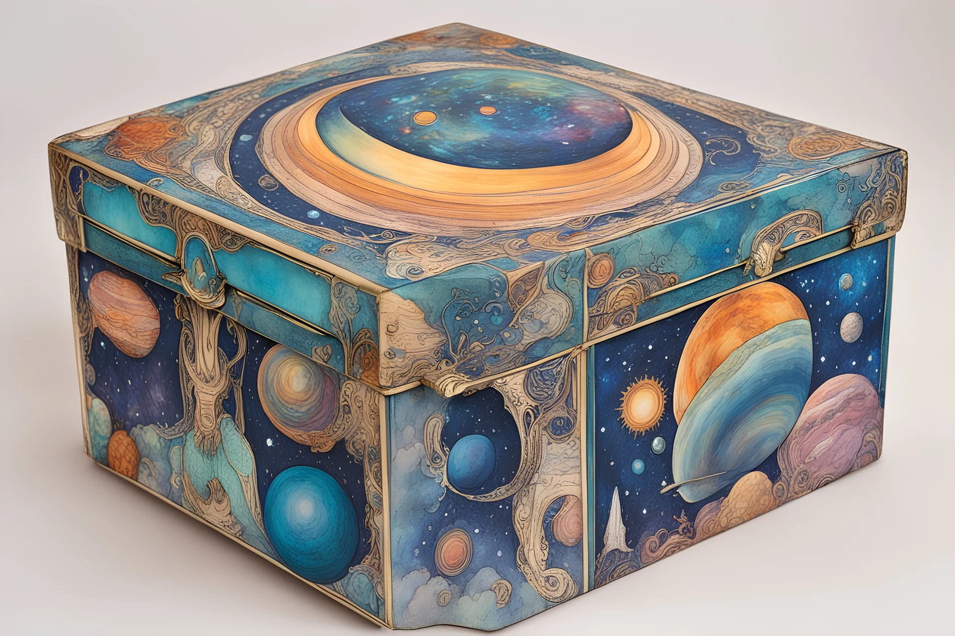 a box for storing things with beautiful drawings a lot of colours, detailed, angles, minerals, planets space,