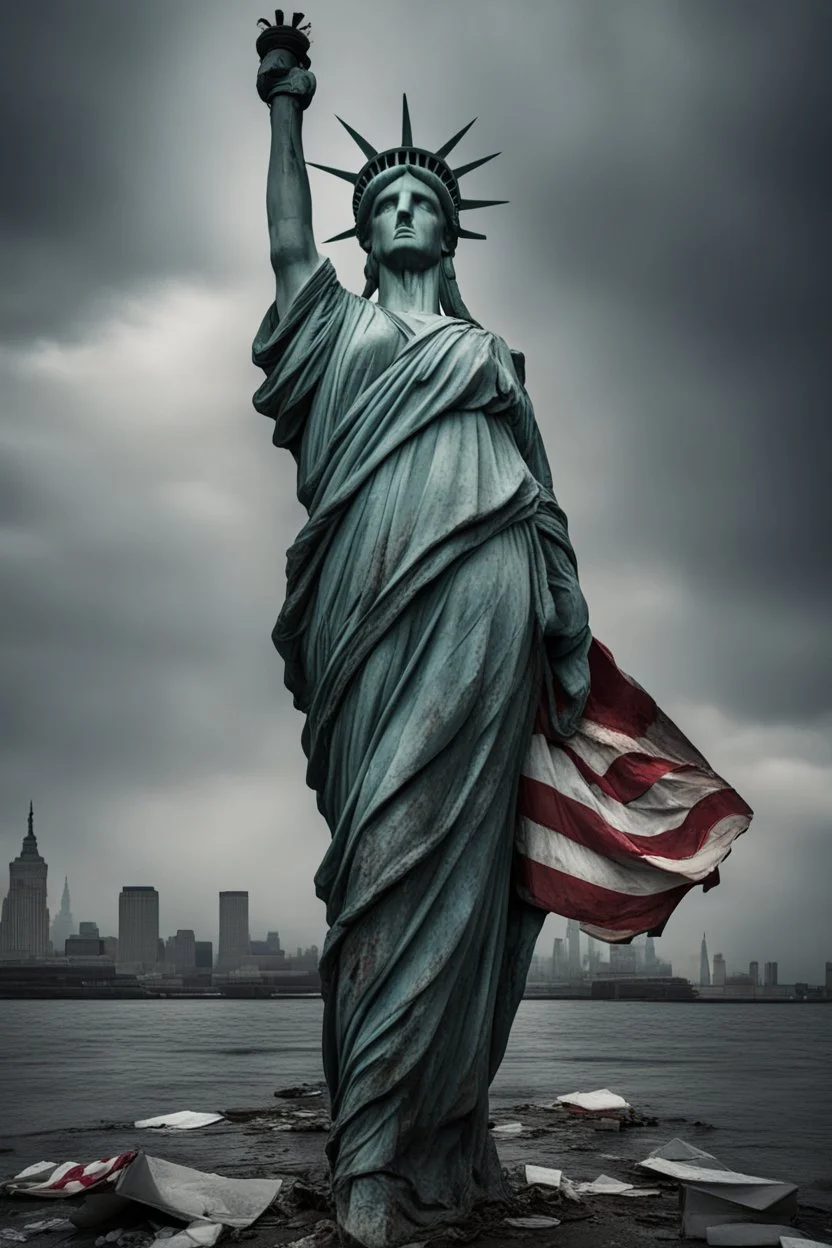 the statue of liberty, dress dirty and torn, her face solemn and terse, trash littered at her feet, she holds a crumpled american flag as she walks away, back to the viewer, under a dark and dreary sky