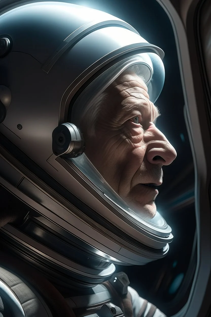 An experienced astronaut gazing at Earth from a spaceship window, strong jawline, detailed, hyper realistic, 30 years old, reflective visor, silver hair