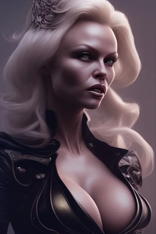 Pamela Anderson as evil queen in black leather, leather, busty, cleavage, angry, stern look. character design by cory loftis, fenghua zhong, ryohei hase, ismail inceoglu and ruan jia. unreal engine 5, artistic lighting, highly detailed, photorealistic, fantasy