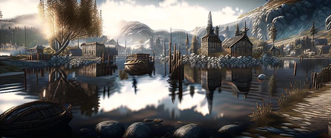 lake city during the iron age realistic, photorealistic, natural lighting, elegant HDR complex picture Octane hyper realistic cinematic reflections very detailed