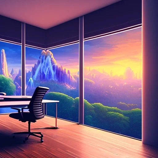 desk, parquet, sheet of paper, little pen, office chair in front of a huge picture window with large view on a waterfall with warm light, sunset ,pixar style, panorama, nature, globe, HD, Hallelujah mountains, view first person