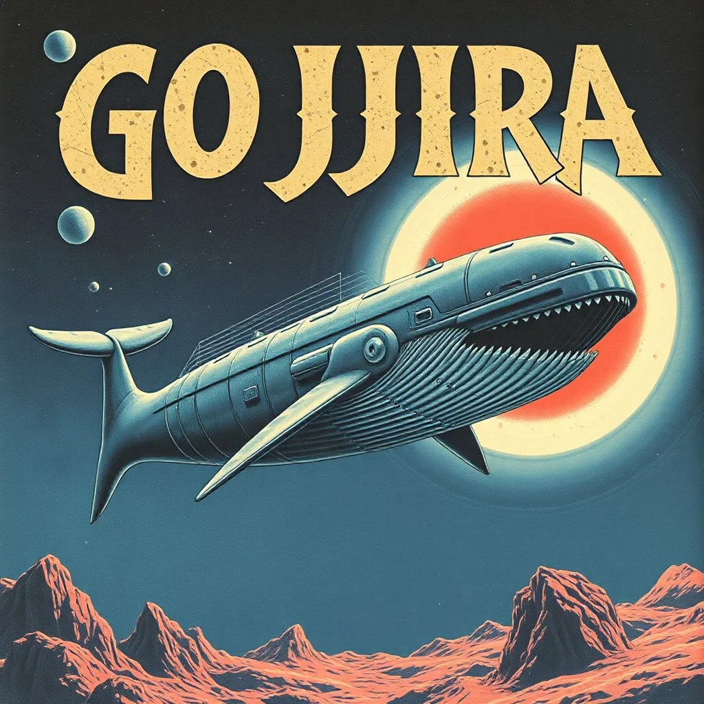 create a satirical "GOJIRA" album cover, Flying Whale spacecraft orbiting Sirius C, textured, hallucinatory complex spacepunk, heavy metal magazine art aesthetic